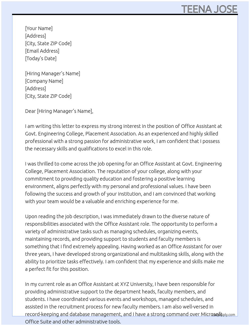 Office Assistant  At Govt.Engineering college , placement association  Cover Letter