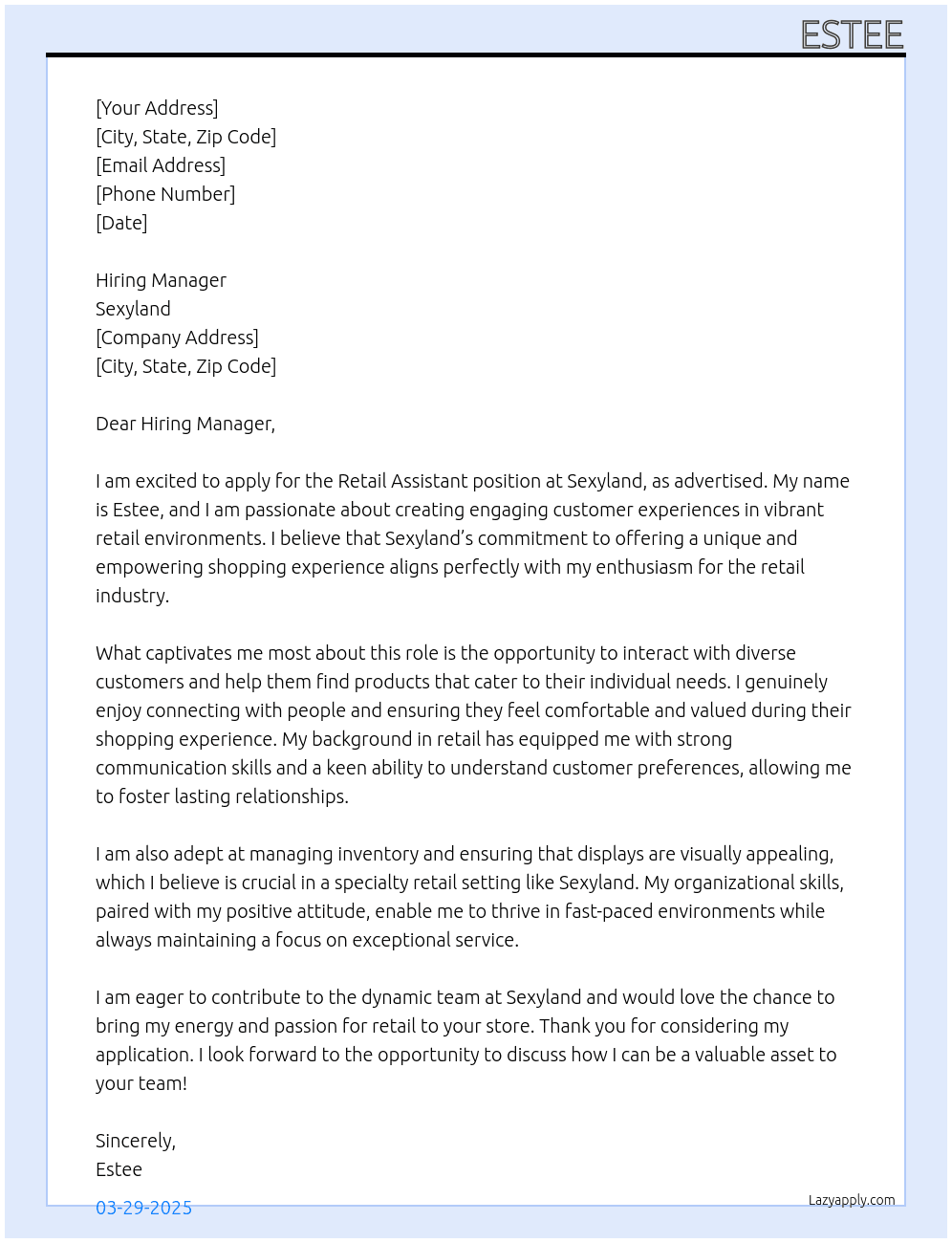 Retail assistant At Sexyland Cover Letter