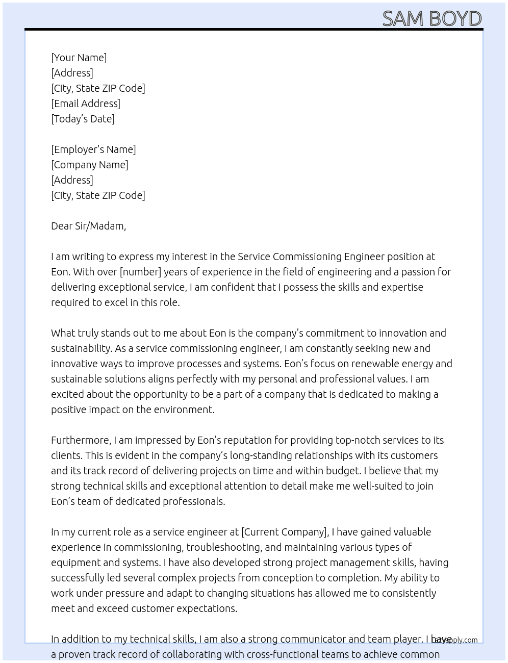 Service commissioning engineer At Eon Cover Letter