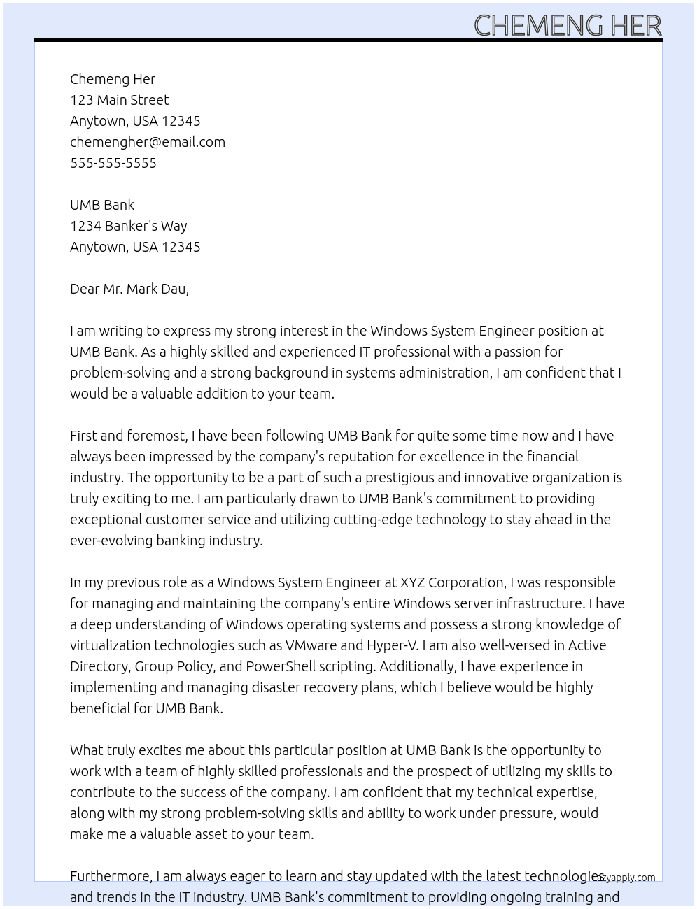 Windows System Engineer At UMB Bank Cover Letter