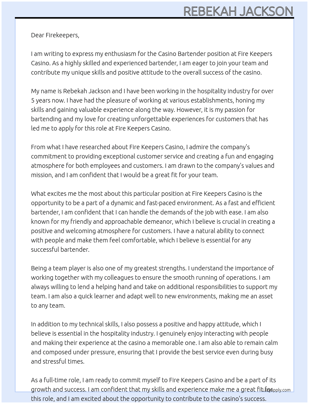 Casino bartender At Fire keepers casino Cover Letter