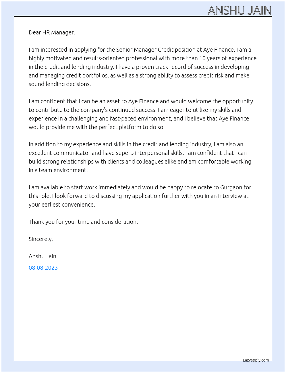 Senior Manager Credit At Aye Finance Cover Letter