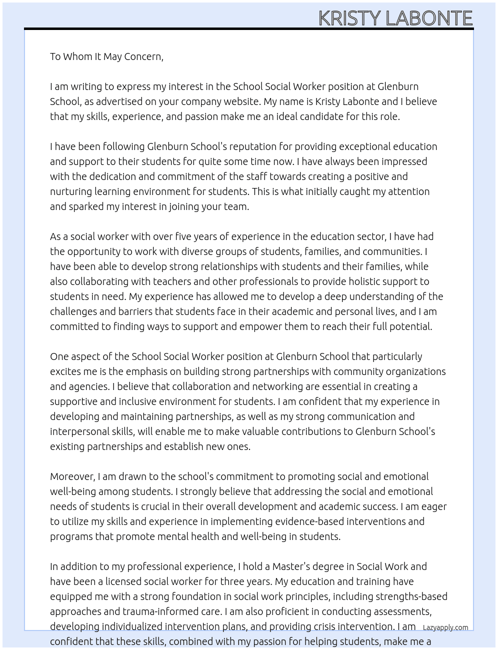 school social worker At Glenburn School Cover Letter