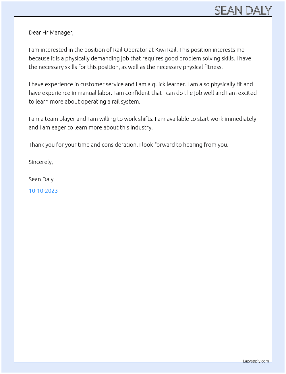 Rail Operator  At Kiwi Rail Cover Letter