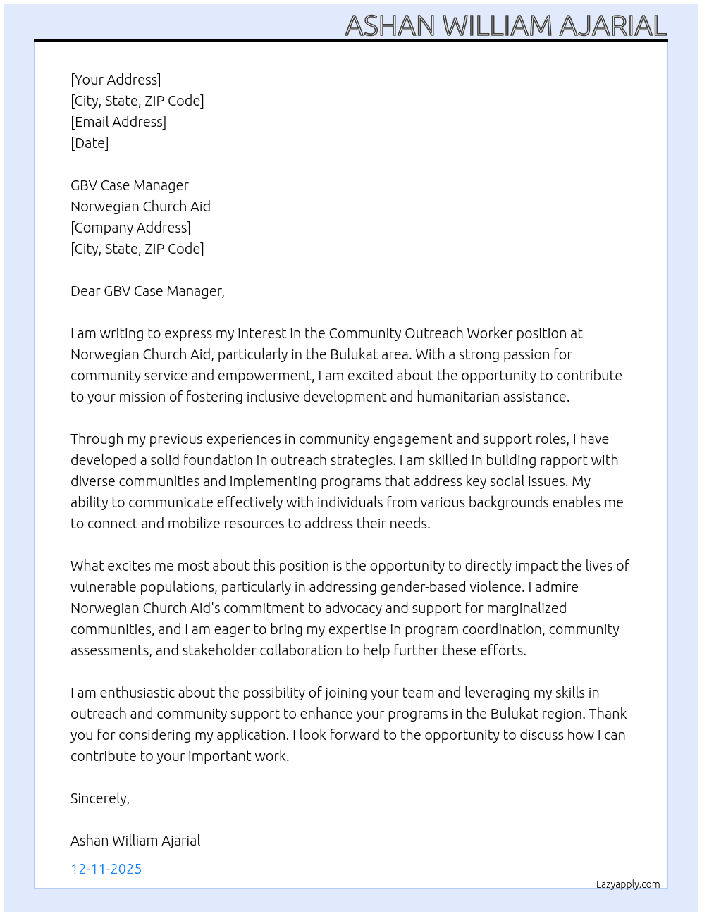Community Outreach Worker At Norwegian Church Aid  Cover Letter