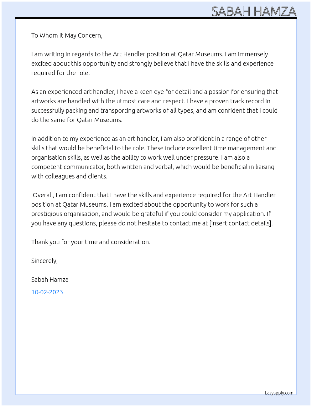 art handler At qatar museums Cover Letter