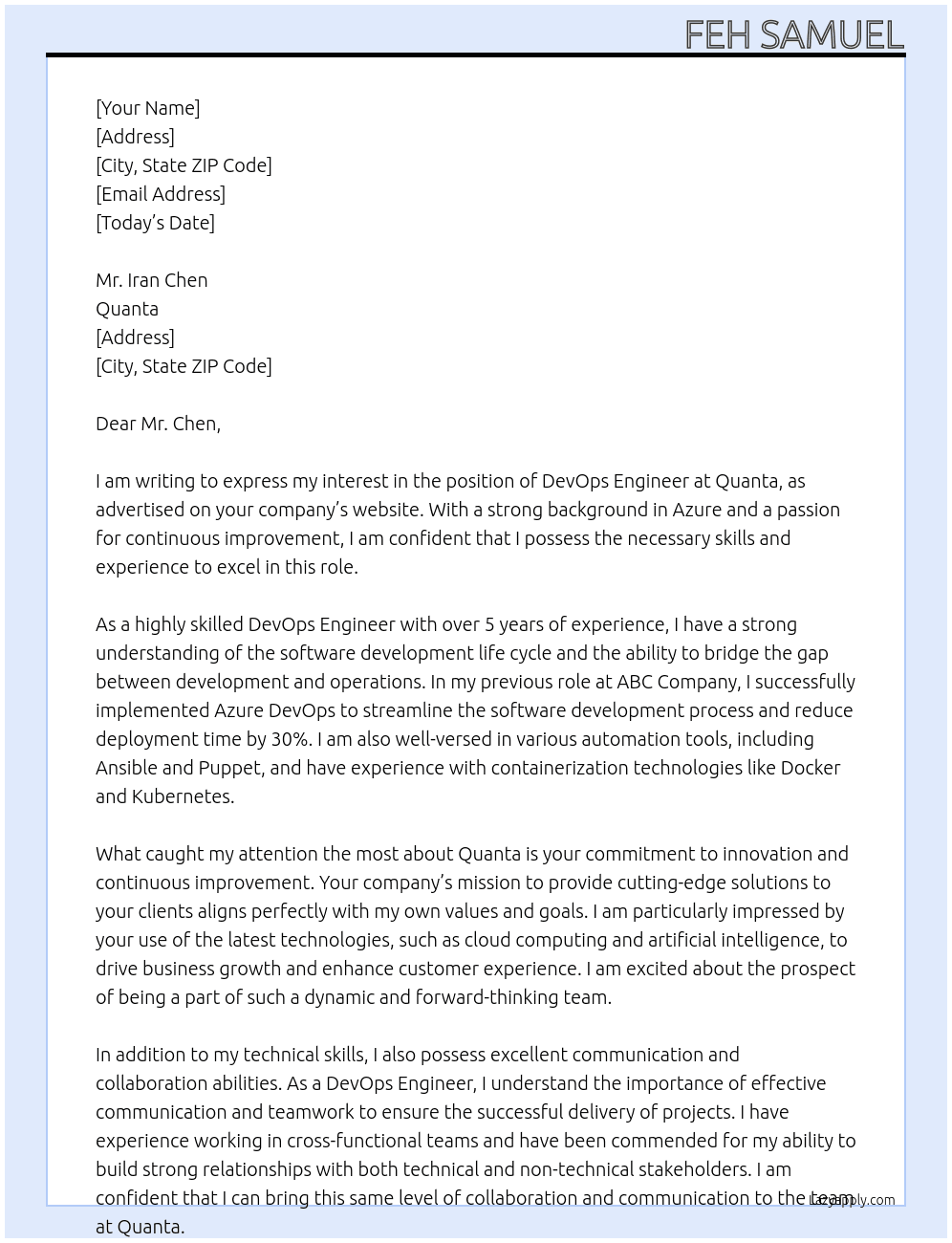 devops engineer At quanta Cover Letter