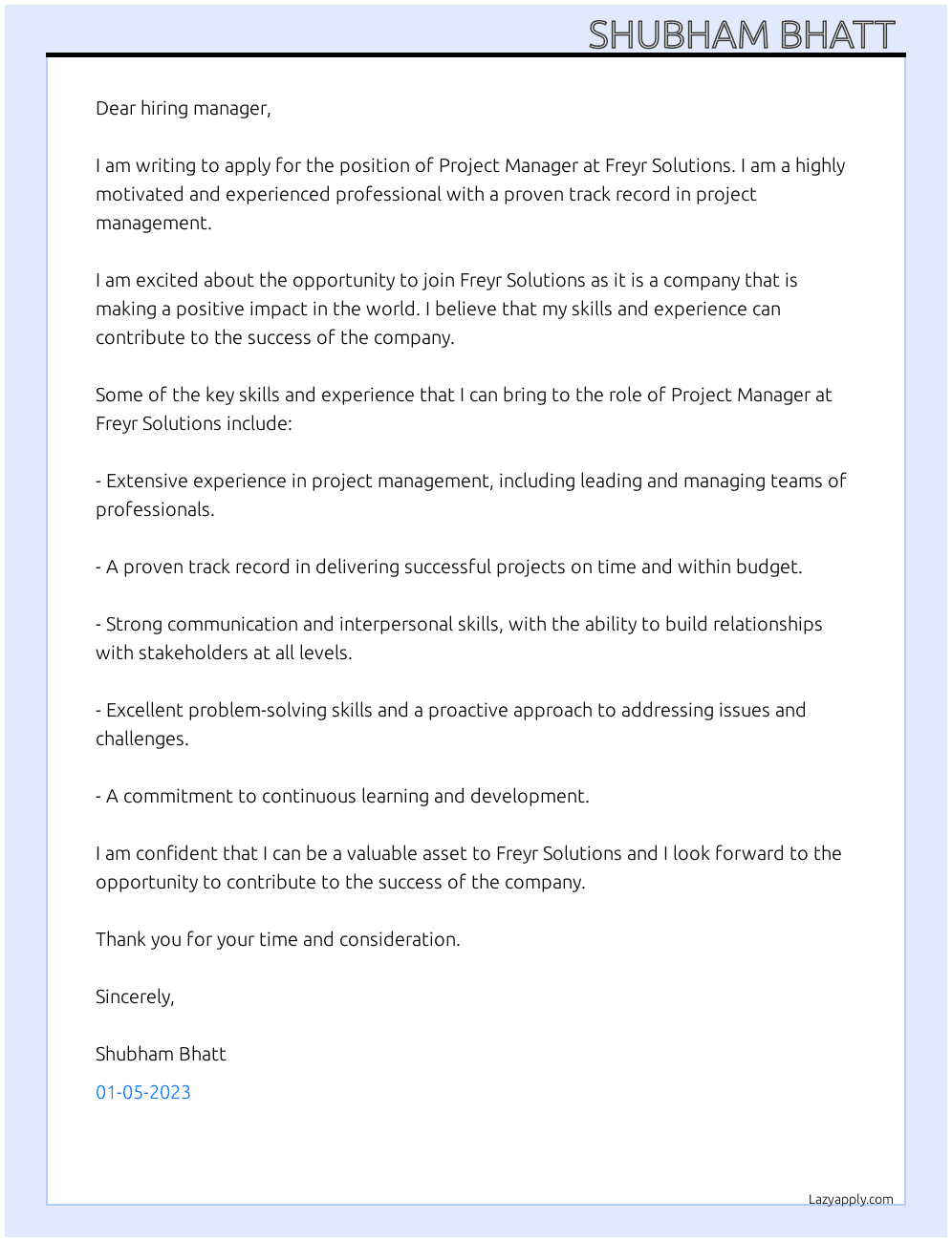 Project Manager  At Freyr Solutions  Cover Letter