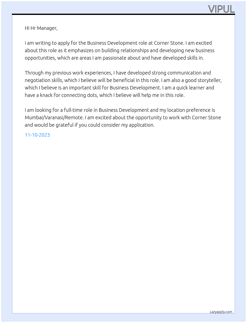Business Development  At Corner Stone  Cover Letter