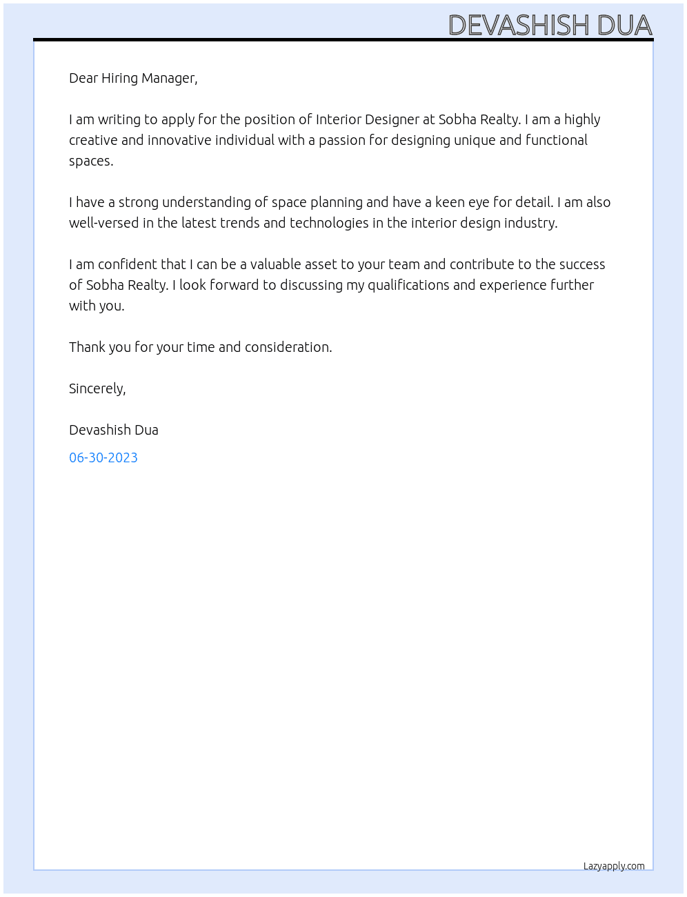 Interior Designer At SOBHA REALTY Cover Letter