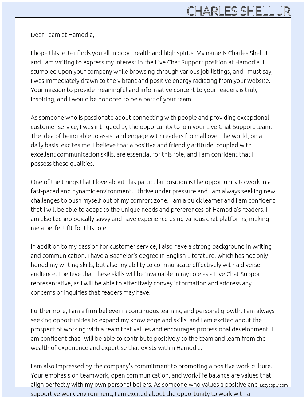 Live chat support  At Hamodia Cover Letter