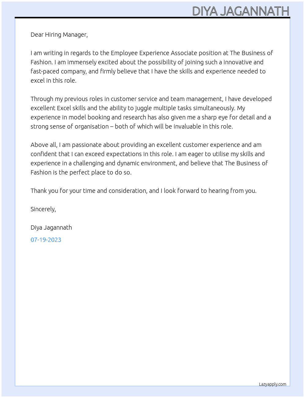 Employee Experience Associate At The Business of Fashion Cover Letter