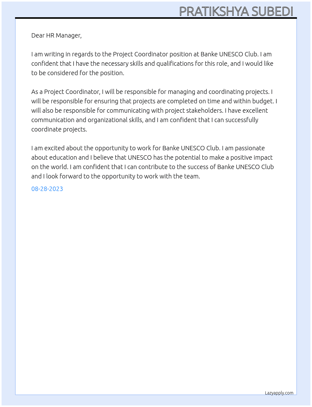 Project coordinator  At Banke UNESCO Club  Cover Letter