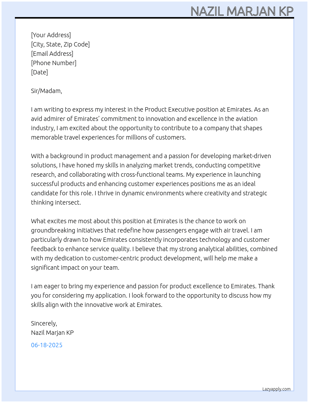 Product executive At Emirates Cover Letter