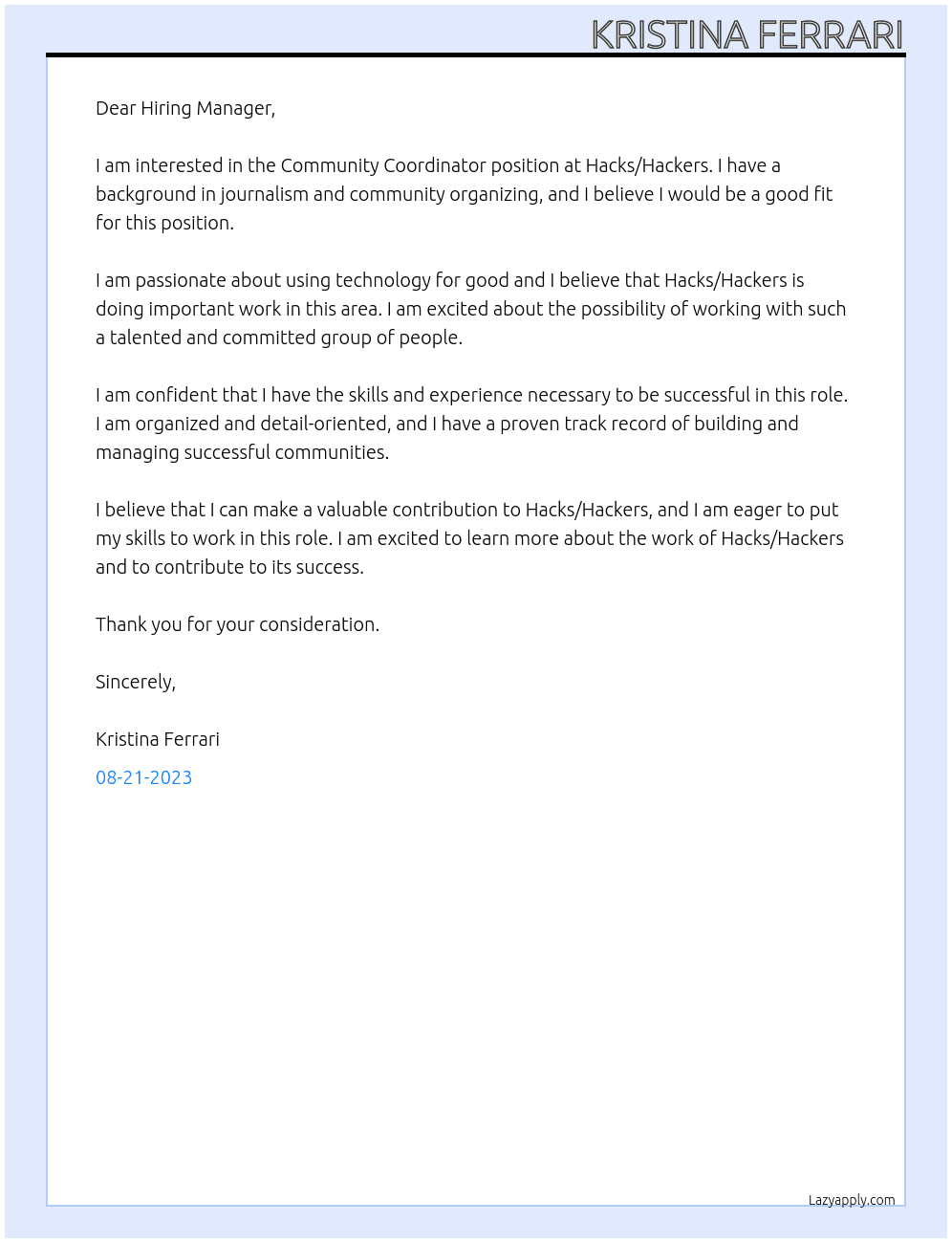 Community Coordinator  At Hacks/Hackers Cover Letter