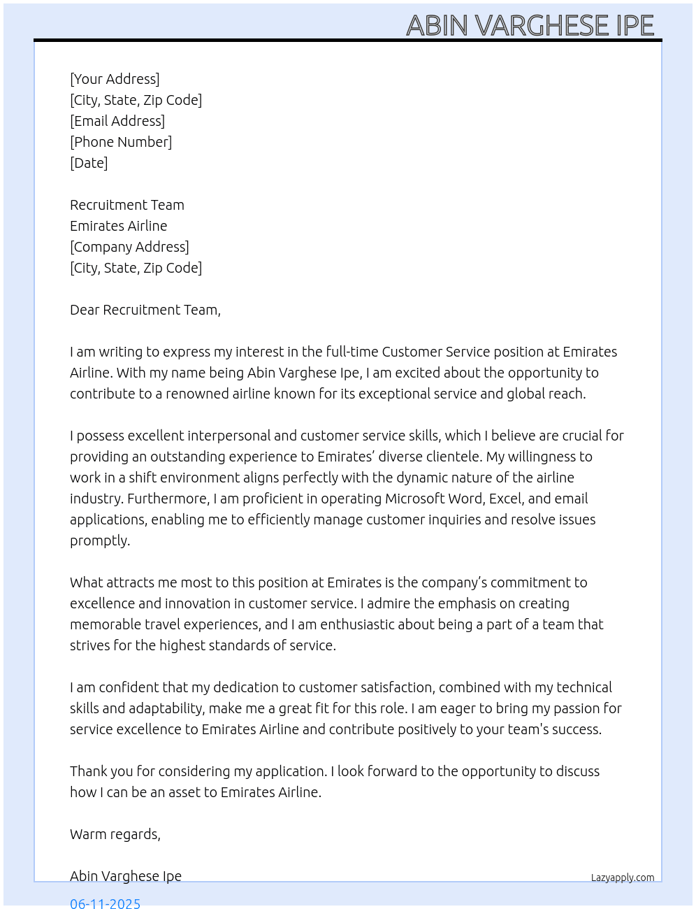 Customer Service  At Emirates Airline Cover Letter