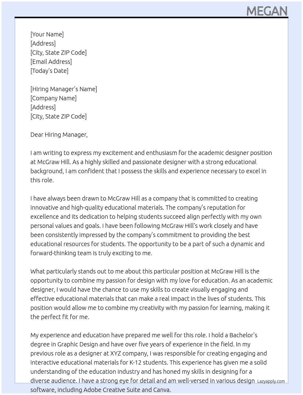 academic designer At McGraw HIll Cover Letter