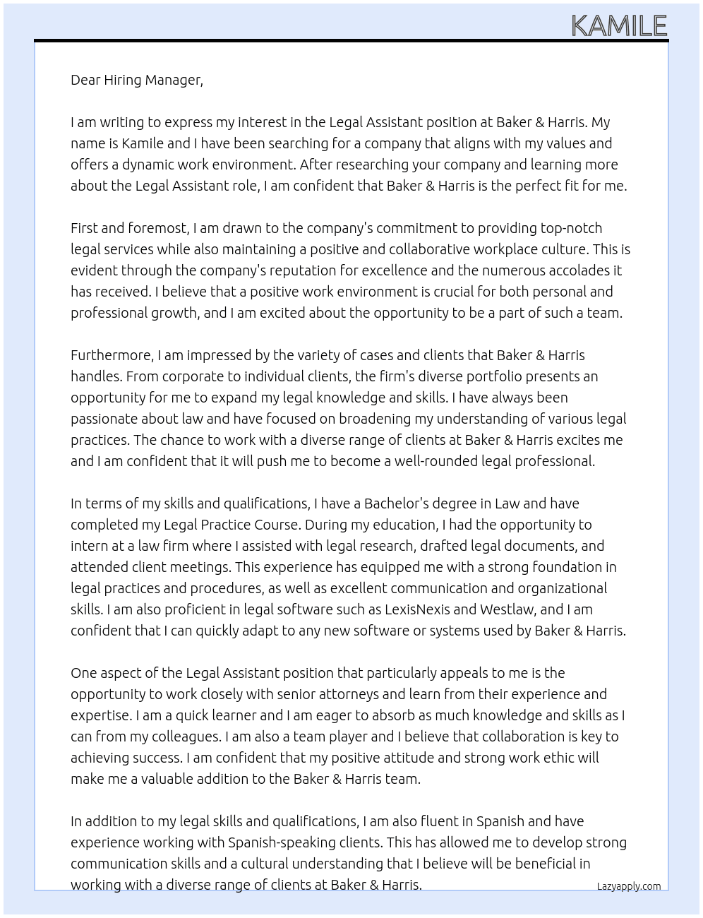 Legal Assistant At Baker & Harris Cover Letter