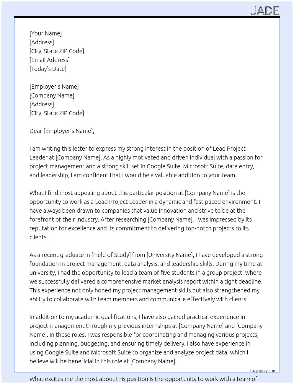lead project leader At wmua Cover Letter