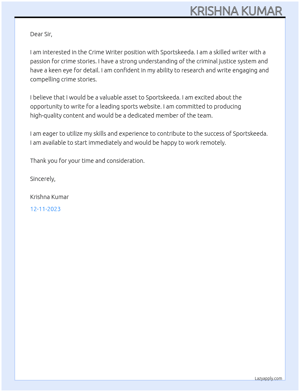 Crime Writer At Sportskeeda Cover Letter