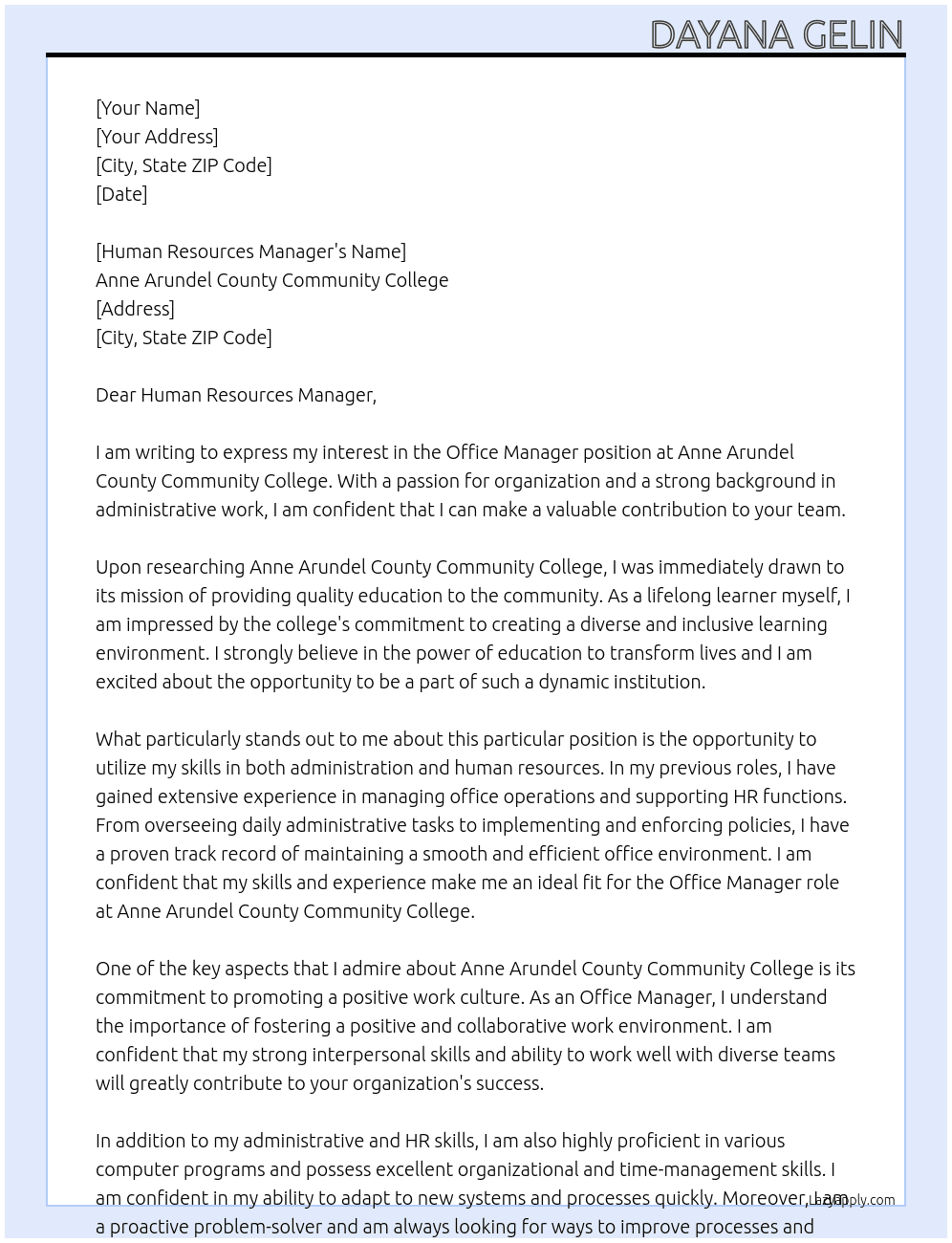 Office Manager  At Anne Arundel County Community College  Cover Letter