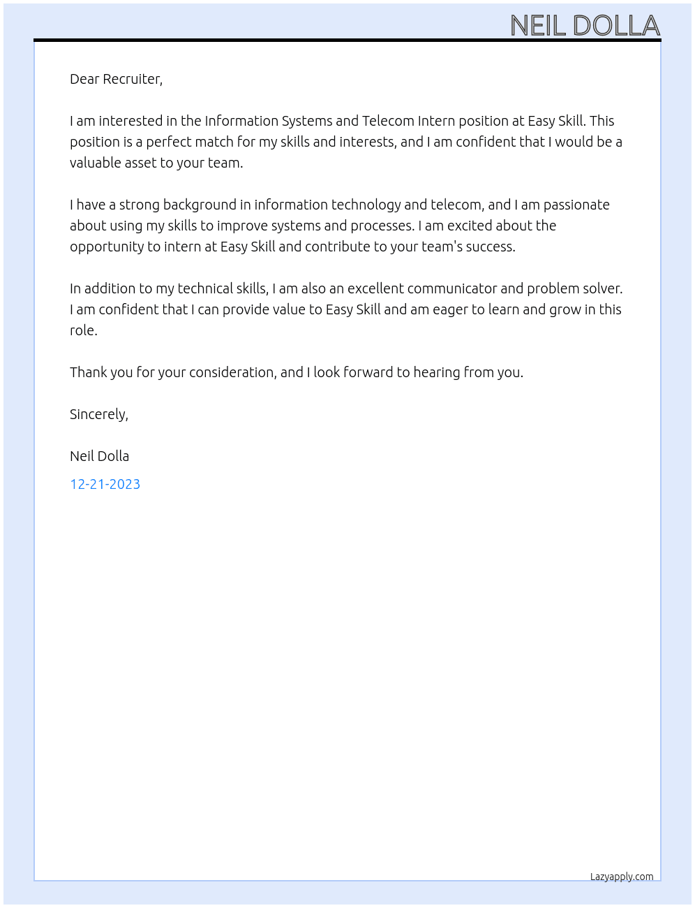 Information Systems and Telecom Intern At Easy Skill Cover Letter