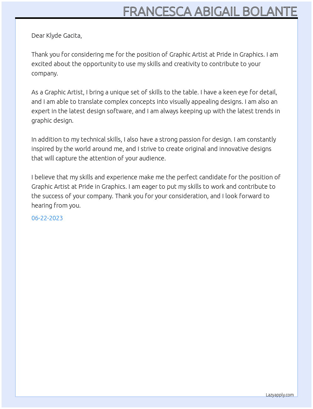 Graphic Artist At Pride in Graphics Cover Letter