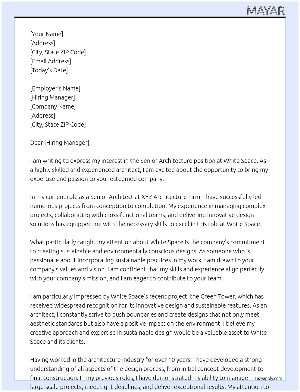 Senior Architecture At White Space Cover Letter