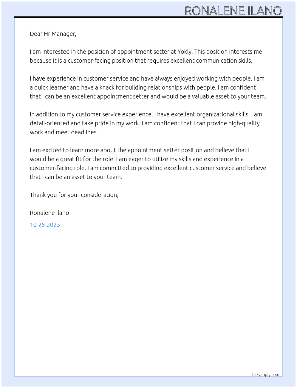 Appointment setter At Yokly Cover Letter