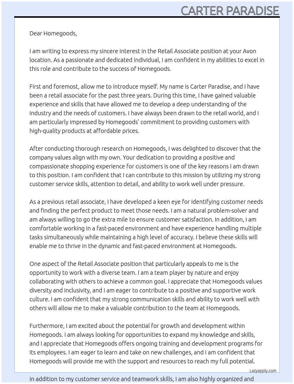 Retail associate  At Homegoods Cover Letter