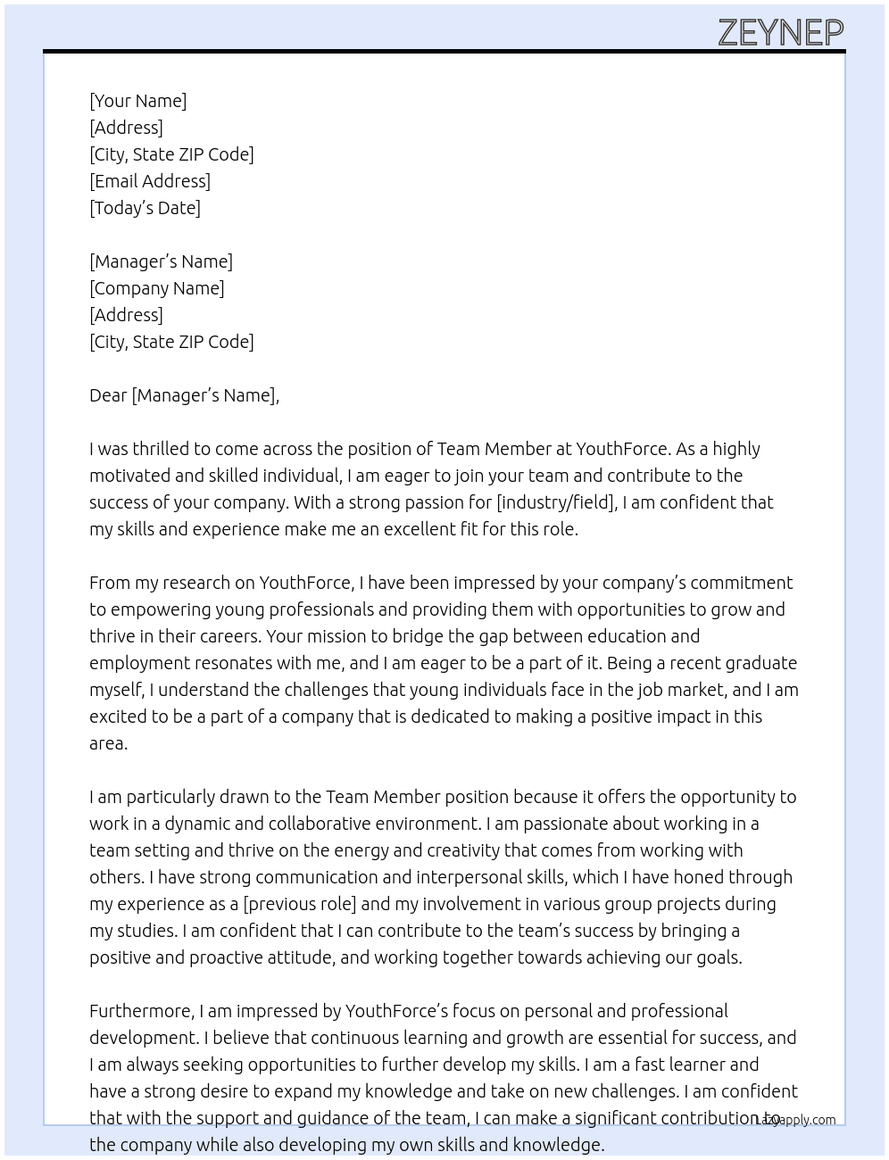 team member At YouthForce Cover Letter