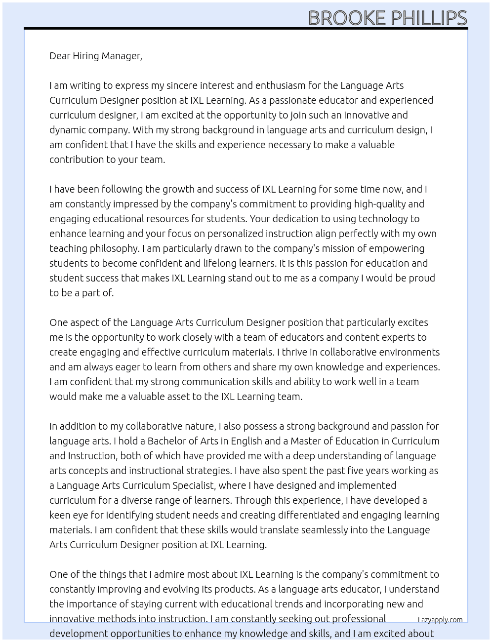 Language Arts Curriculum Designer At IXL Learning  Cover Letter