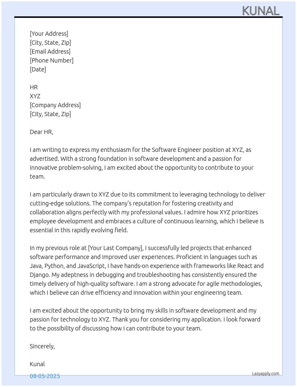 Software Engineer At XYZ Cover Letter