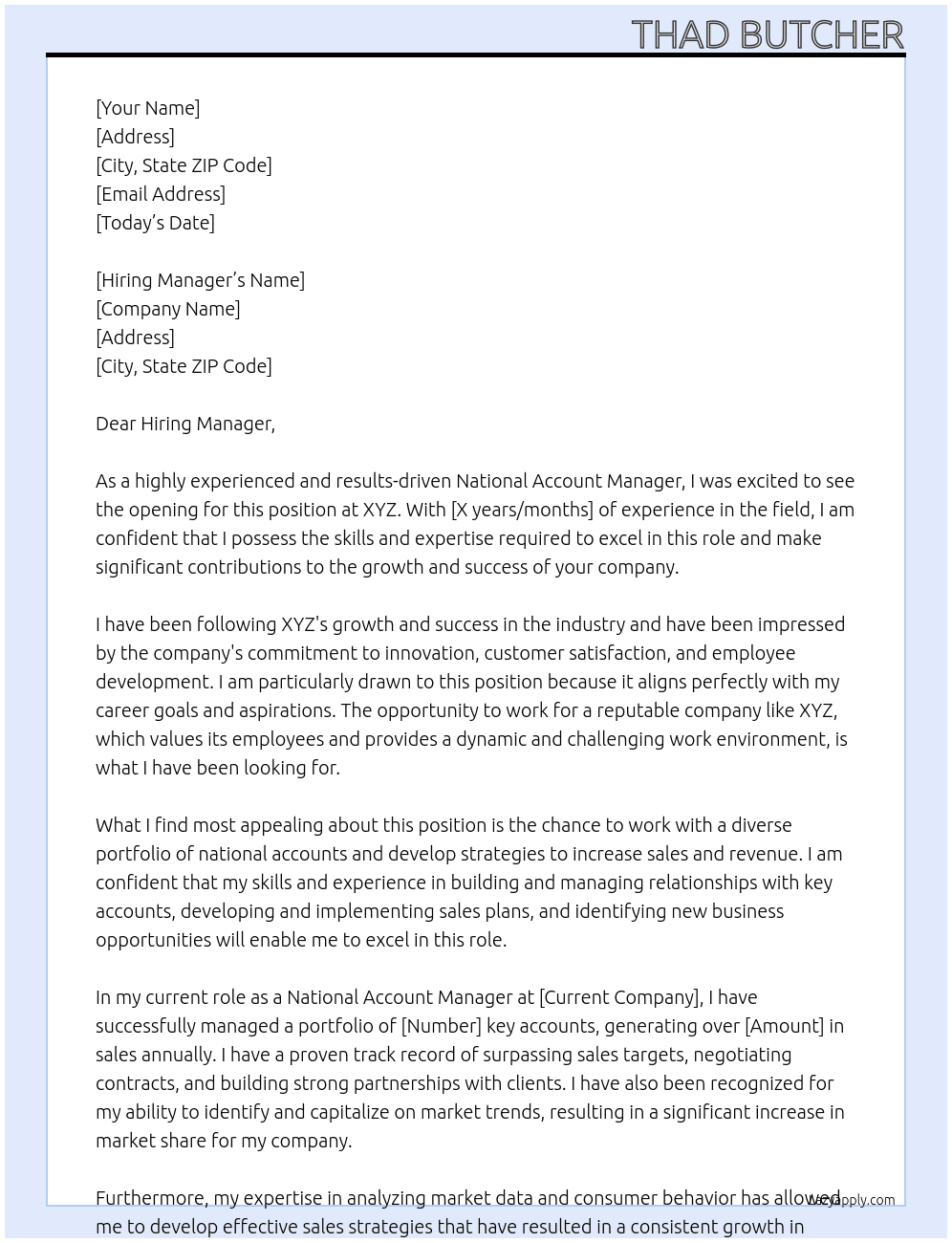 National Account Manager At XYZ Cover Letter