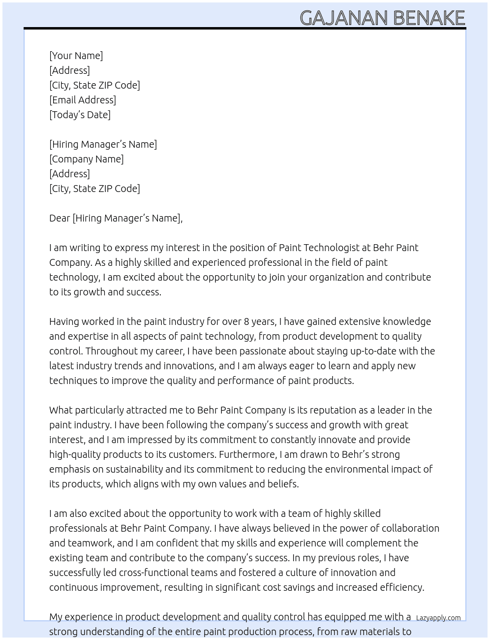Cover letter for paint technologist - LazyApply