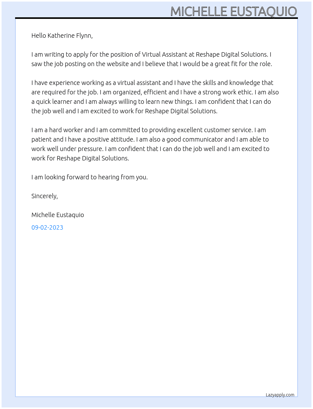 Virtual Assistant At reshape digital solutions  Cover Letter