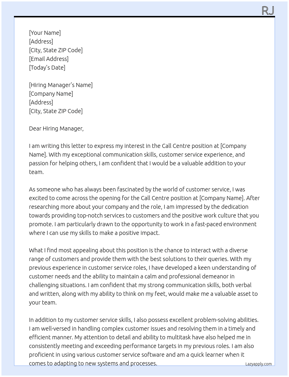 Call Centre At Company Cover Letter