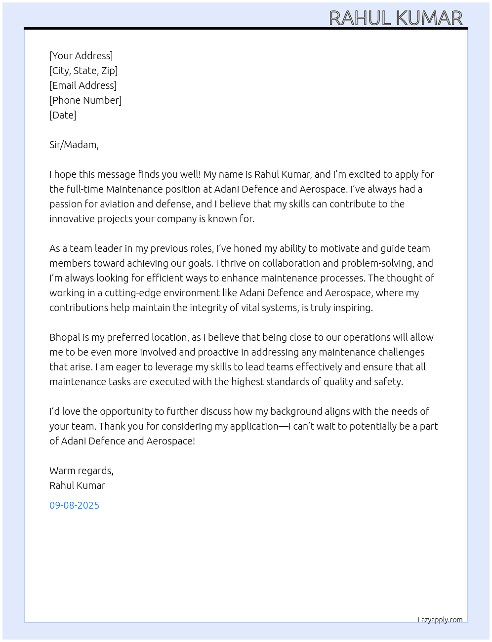 maintenance  At adani defence and Aerospace Cover Letter