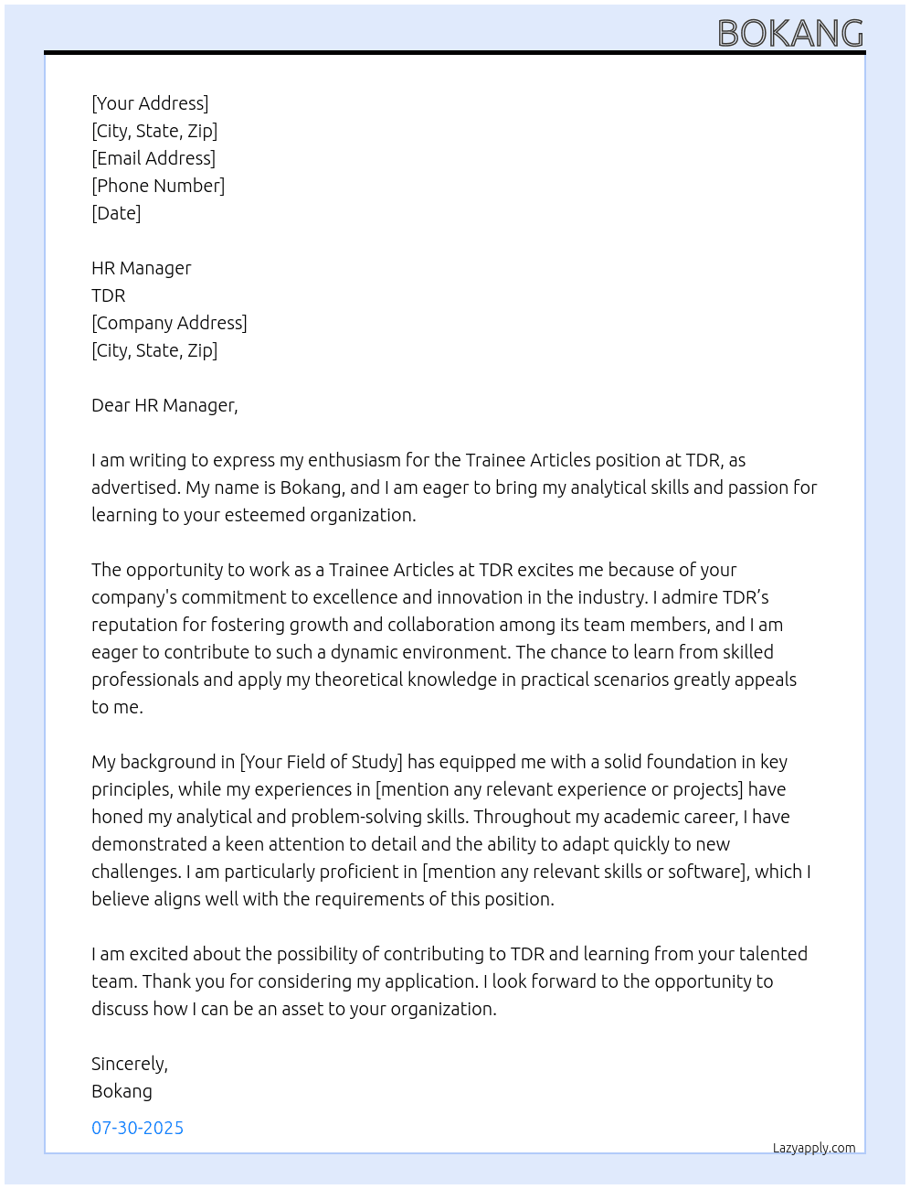 Cover letter for trainee articles - LazyApply