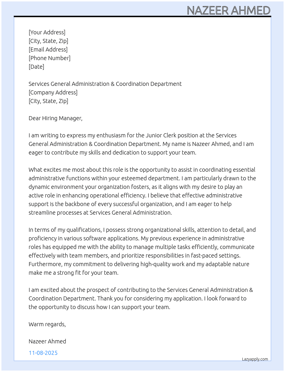 Junior Clerk At Services General Administration & Coordination Department Cover Letter