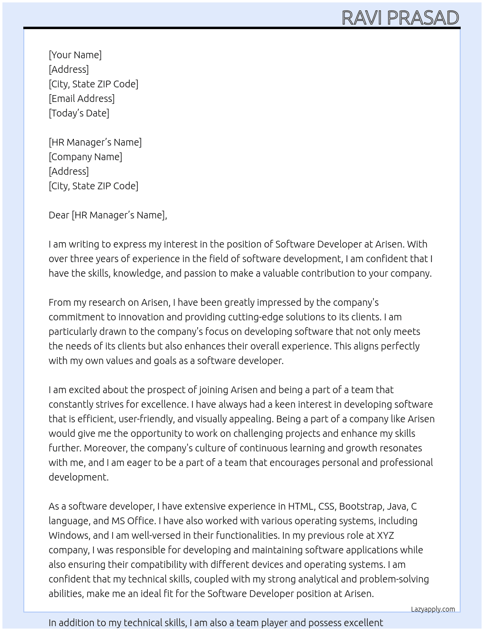 Software developer  At Arisen Cover Letter