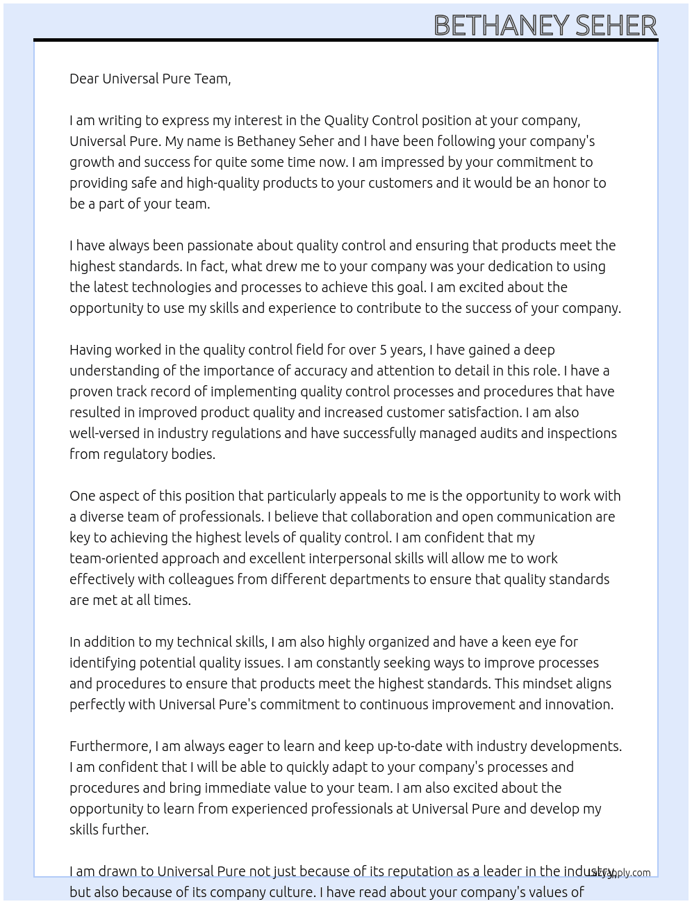 Quality Control At Universal Pure Cover Letter