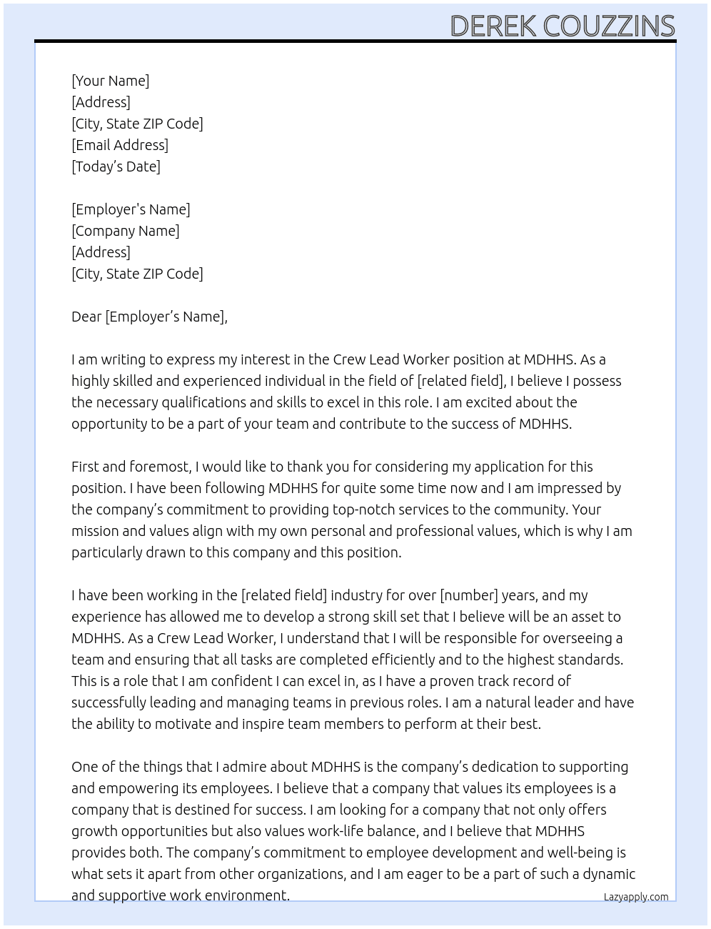 crew lead worker At MDHHS Cover Letter