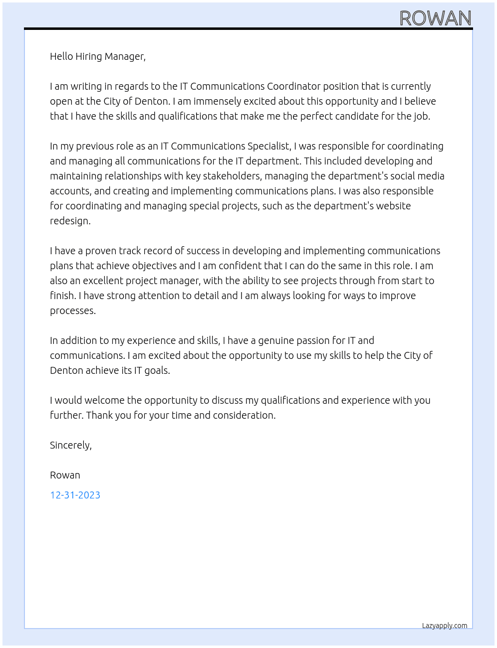 IT Communications Coordinator At City of Denton Cover Letter