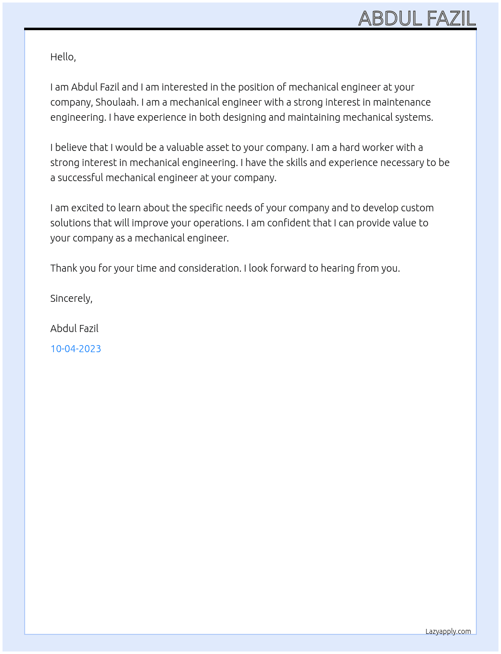 Mechanical engineering  At Shoulaah Cover Letter