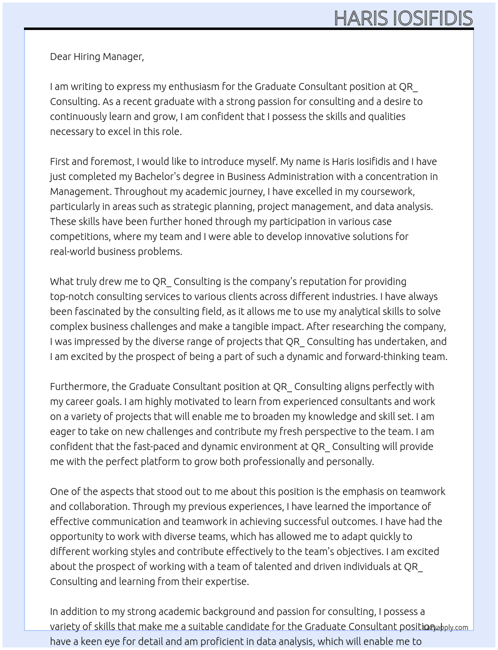 Graduate Consultant At QR_ Consulting Cover Letter