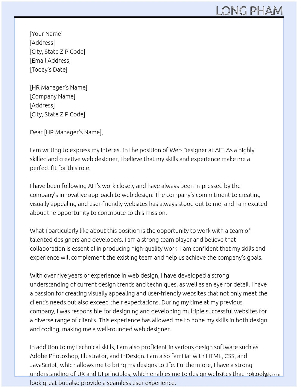 Web designer At AIT Cover Letter