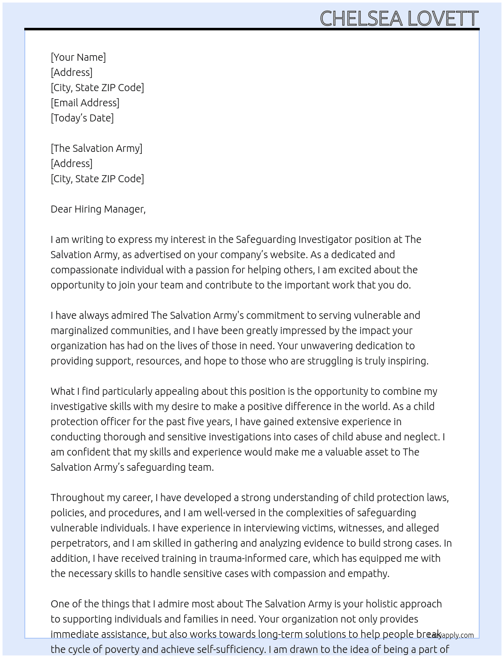 safeguarding investigator At Salvation Army Cover Letter