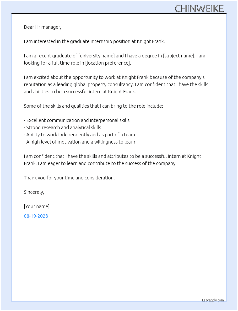 Graduate internship  At Knight Frank  Cover Letter