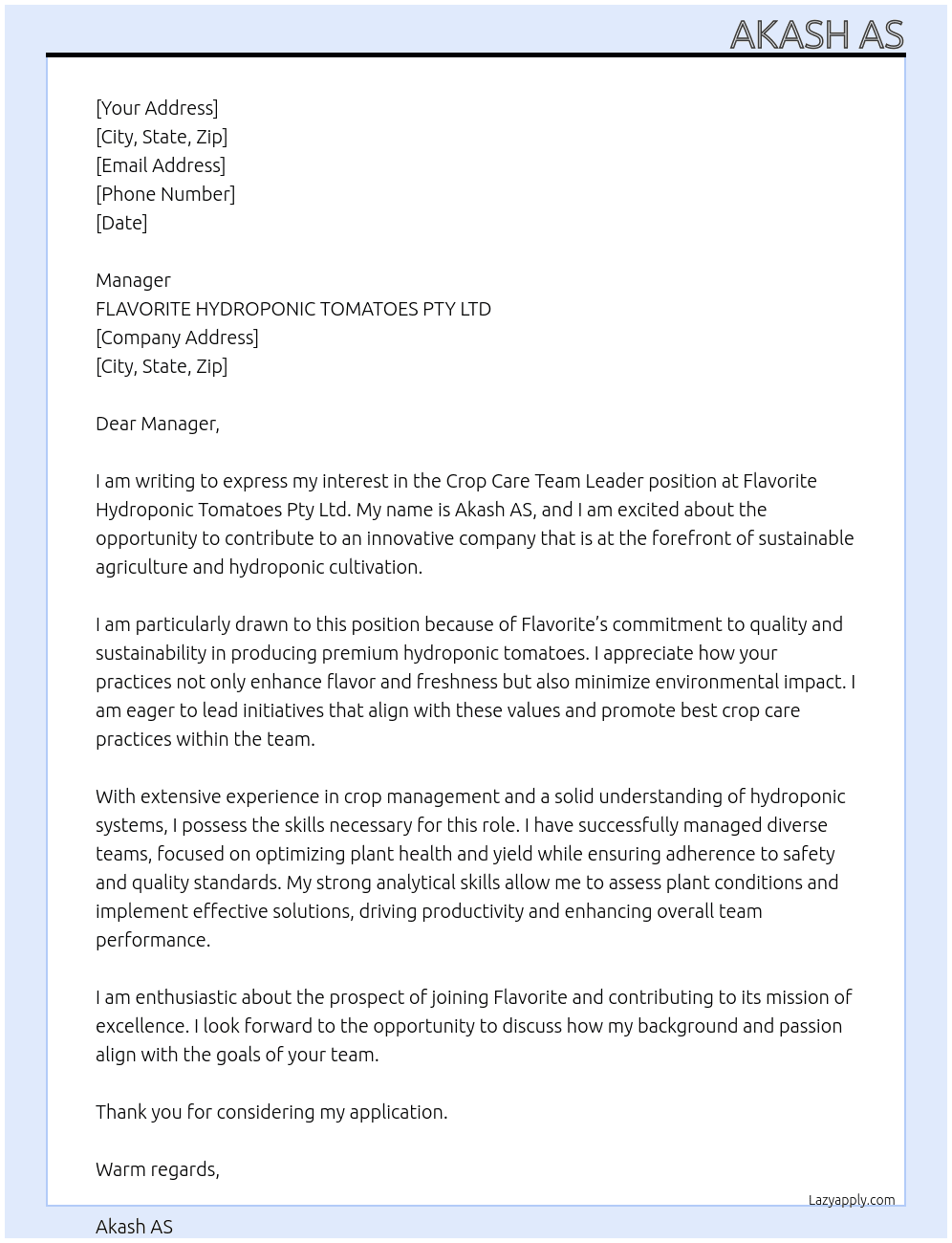 Crop care Team Leader  At FLAVORITE HYDROPONIC TOMATOES PTY LTD Cover Letter